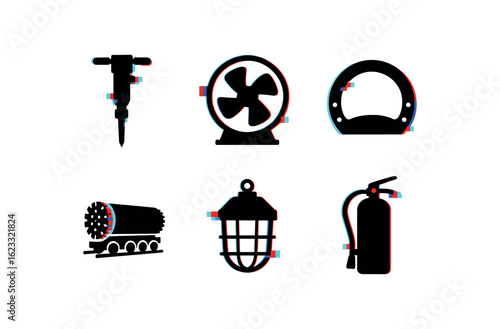 six different glitch effect illustration isolated on white backgorund tunnel mining drill tunnel ventilation fan tunnel lining segment tunnel boring machine model tunnel light fixture