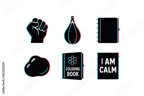 six different glitch effect illustration isolated on white backgorund frustration stress ball frustration release punching bag frustration journal notebook frustration therapy putty