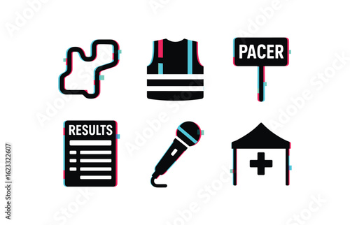 six different glitch effect illustration isolated on white backgorund race route map race volunteer vest race pacer sign race results board race announcer microphone race medical tent