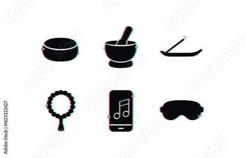 six different glitch effect illustration isolated on white backgorund meditation cushion pad meditation timer bell meditation incense holder meditation mala beads meditation guided track