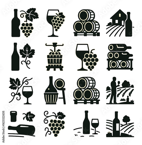 Wine icons collection featuring vineyard elements and winery symbols on gold background