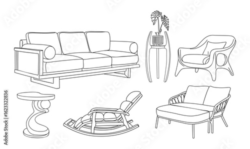Minimalist vector line art set of modern furniture including sofa, armchairs, side tables, plant stand, and rocking chair. Stylish black outline illustrations for interior design projects.