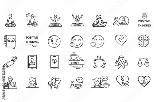 A collection of line art icons representing various concepts related to well-being, emotions, and positive thinking.