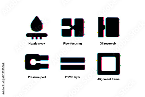 six different glitch effect illustration isolated on white backgorund droplet generator chip nozzle array droplet generator chip flow focuser droplet generator chip oil reservoir droplet