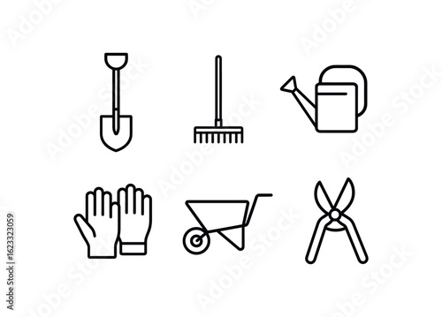 simple outline stroke icon items gardener (tools): spade rake watering can gloves wheelbarrow pruning shears monoline icons style isolated on white background