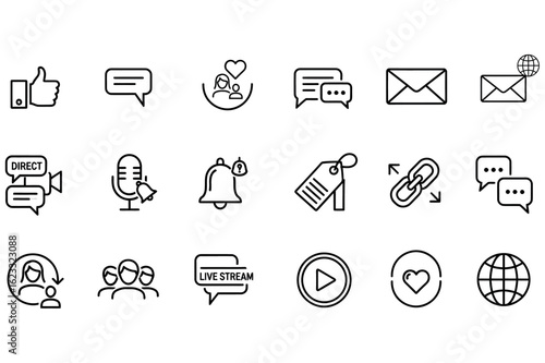 Collection of simple line icons representing social media and communication tools.