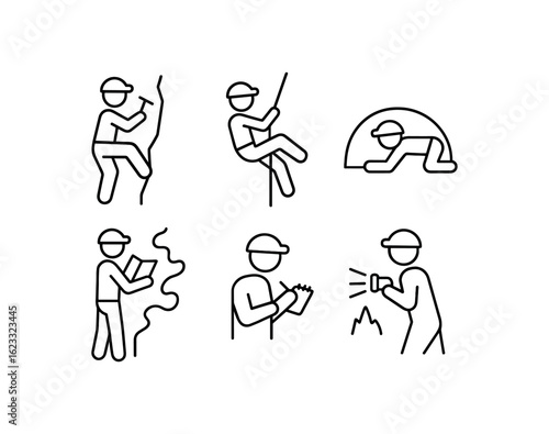 simple outline stroke icon items cave explorer (action): climbing rappelling crawling mapping noting discovering monoline icons style isolated on white background