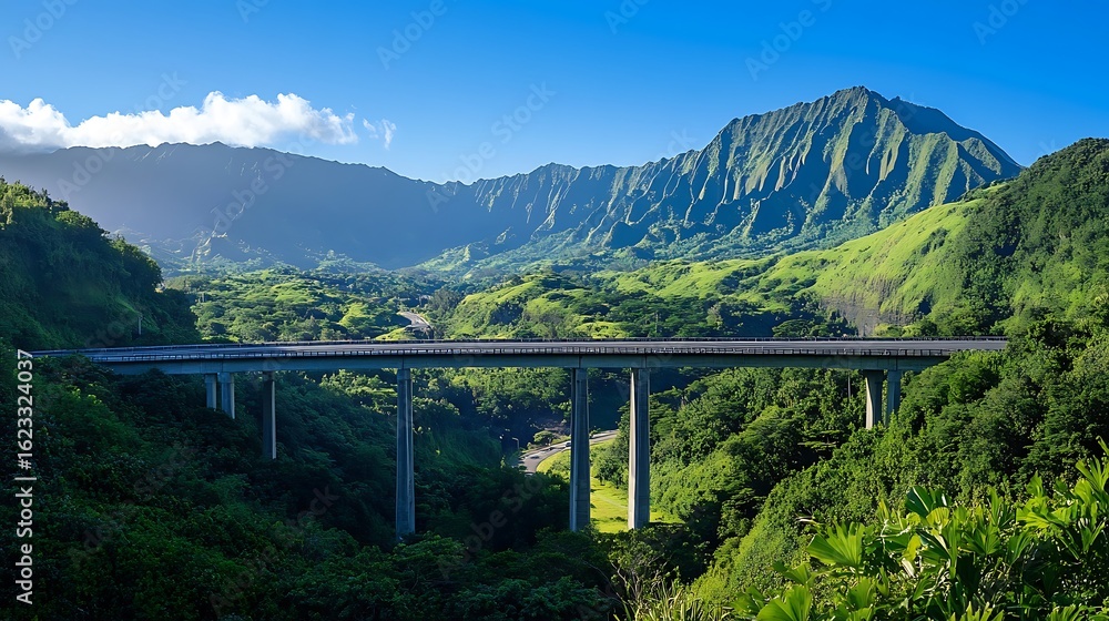 Elevated road bridge over a deep valley with lush greenery below and mountains in the background Elevated road bridge over a deep valley with lush greenery below and mountains in the background