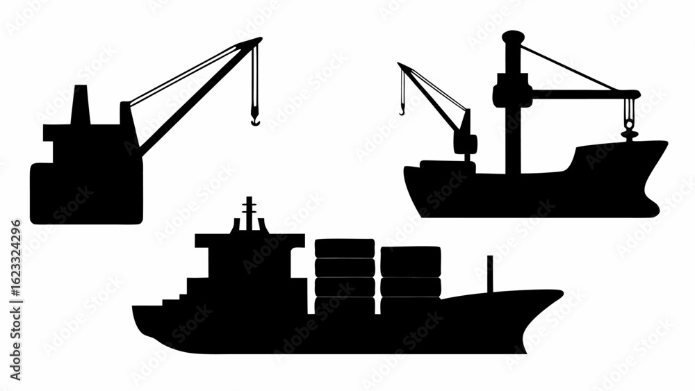 Fototapeta premium Silhouette illustration of three cargo ships with cranes against a white background in a simple style