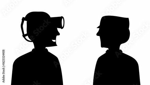 Silhouette illustration of a person wearing a vr headset facing another person wearing a cap in black