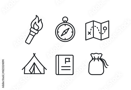 simple outline stroke icon items lost civilization (exploration): torchlight compass expedition tent map chart field notebook sampling pouch monoline icons style isolated on white background