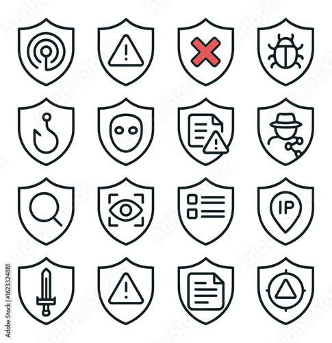 Cybersecurity icons: shield symbols for protection and threats