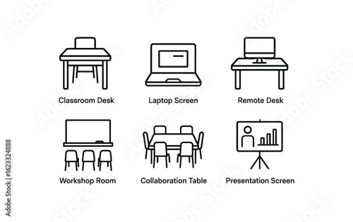 simple outline stroke icon items simple outline stroke icon itemsuctional design (environment): classroom desk laptop screen remote desk workshop room collaboration table presentation