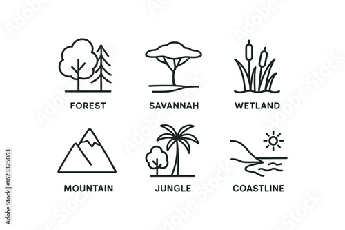 simple outline stroke icon items wildlife conservationist (habitats): forest savannah wetland mountain jungle coastline monoline icons style isolated on white background