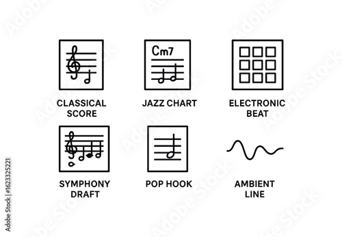 simple outline stroke icon items musical composition (styles): classical score jazz chart electronic beat symphony draft pop hook ambient line monoline icons style isolated on white