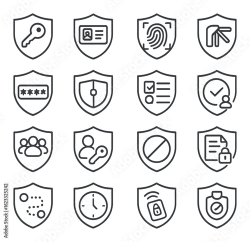 Set of cybersecurity icons: key, fingerprint, shield, lock, data protection