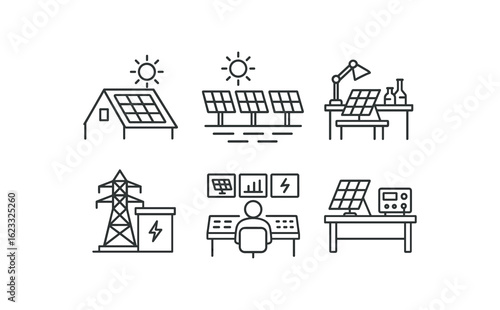 simple outline stroke icon items solar power engineer (workplace): rooftop solar farm lab desk power station control room test bench monoline icons style isolated on white background