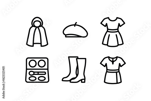 simple outline stroke icon items community theater (costumes): cloak cap dress makeup kit stage tunic monoline icons style isolated on white background