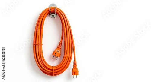 Bright orange electrical extension cord, neatly coiled and hanging from a storage hook against a clean white background.