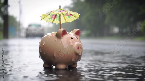 A cinematic and highly realistic video of a piggy bank holding an umbrella during a rainstorm. Shot in a natural street environment with realistic lighting and weather effects.