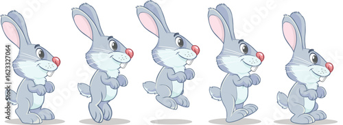 Rabbit jump animation set. 
Cartoon smiling bunny jump or running loop motion cycle . 
Vector illustration isolated on white background. 