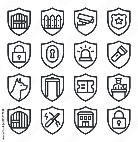 Set of security icons: lock, camera, alarm, dog, shield, and more