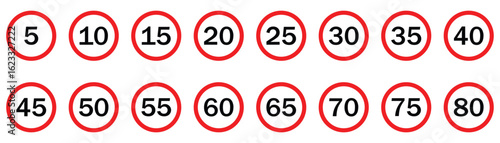 Speed Limit Road Sign Vector Set – Red Circle Traffic Icons for Safety and Business Communication Free Download Speed Limit Road Sign Vector Set – Red Circle Traffic Icons for Safety and Business Communication - GFXLoad