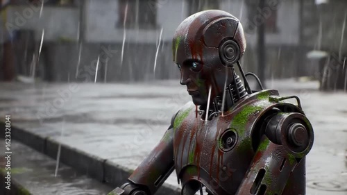 A cinematic animation of an old rusty robot sitting in the rain, expressing solitude and the passage of time. A powerful symbol of forgotten technology and lost purpose.