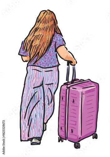 One young red haired woman with pink suitcase going on vacation, vector hand drawn illustration