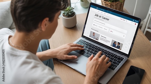 Person using laptop to search for job or career on a website at a desk with a phone nearby