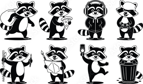 Eight Silhouettes of Cheerful Raccoons Engaged in Various Hobbies cartoon character