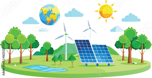 Green energy landscape with solar panels and wind turbines powering a sustainable planet
