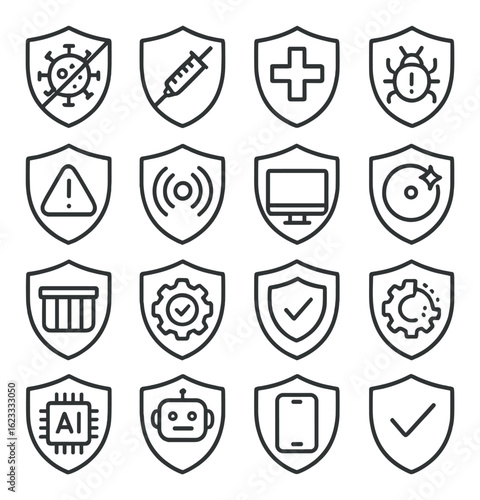 Set of 16 shield icons representing various protection themes