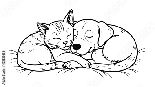Cat and dog sleeping, vector illustration. AI