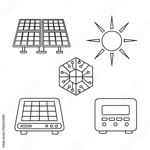 Solar power system illustration showing panels sun circuit board and inverter