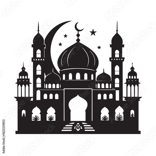 Vector art of black and white silhouette of a mosque with crescent moon and stars, representing islamic architecture and religious symbol, isolated on white background
