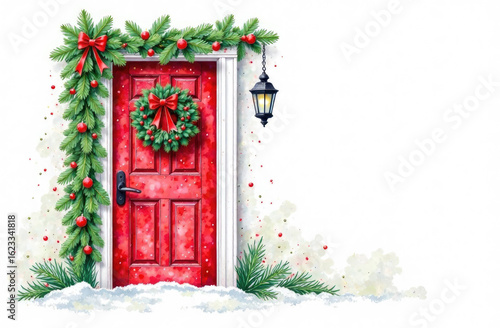 Christmas greeting card with watercolor illustrations of Christmas door and Christmas tree with presents. Hand drawing illustrations. Merry Christmas and Happy New Year card.