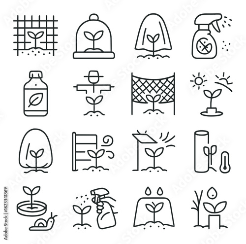 Gardening icons: seedling growth and care for optimal plant development