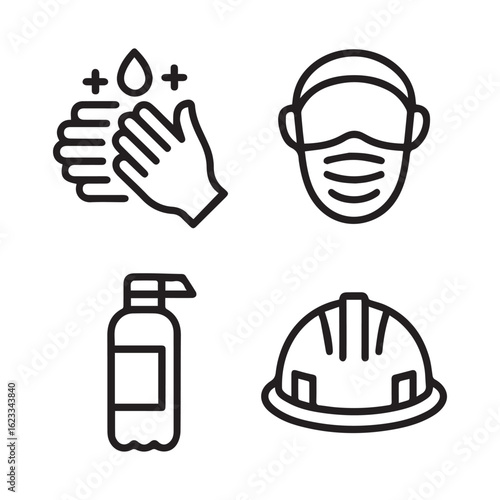 Safety precautions handwashing mask sanitizer hardhat