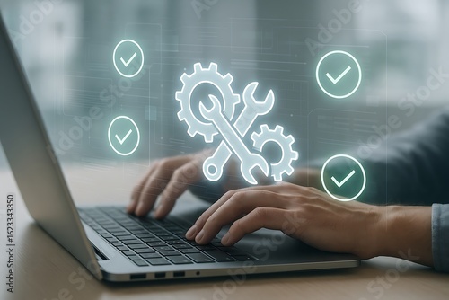 Hands typing on laptop with futuristic hologram of system configuration tools and gear icons representing technical support and software maintenance workflow