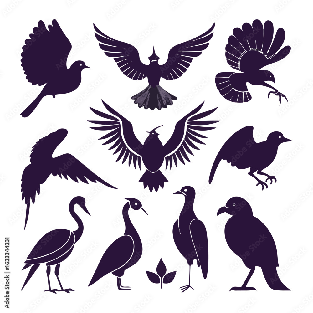 Obraz premium Vector art of collection of bird silhouettes in various poses and species, isolated on white background