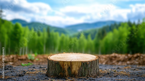 Wallpaper Mural Tree stump sits prominently deforested area, surrounded by lush greenery and distant mountains, evoking sense of nature Torontodigital.ca