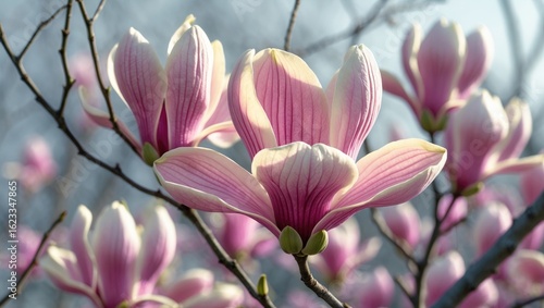 Magnolia flowers in bloom with pink petals on branches during springtime.