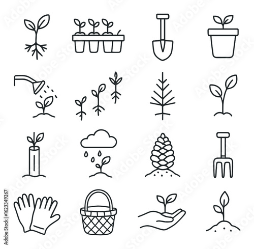 Minimalist gardening icons set: tools, plants, growth stages, and nature elements