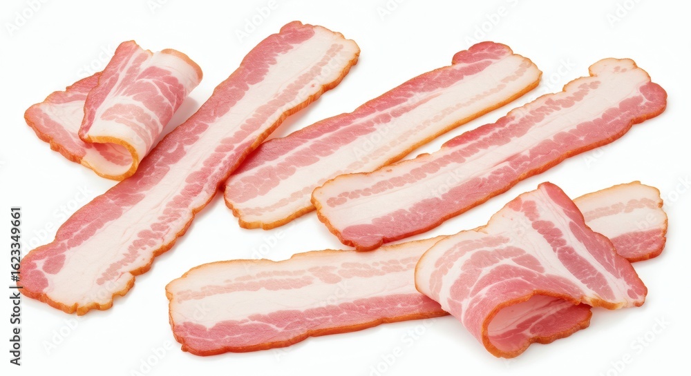 Crispy Cravings Sizzling Bacon Strips on White Background. Crispy Cravings Sizzling Bacon Strips on White Background.