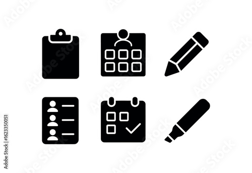 flat black solid icon items isolated on white background substitute teacher (tools): clipboard seating chart pencil student list planner whiteboard marker