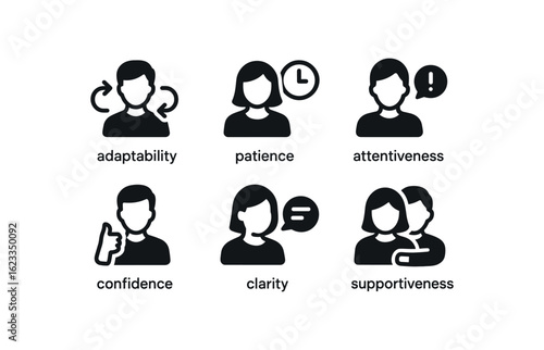 flat black solid icon items isolated on white background substitute teacher (traits): adaptability patience attentiveness confidence clarity supportiveness