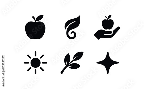 flat black solid icon items isolated on white background orchard (symbols): fruit icon leaf swirl harvest hand sun ray branch curve taste
