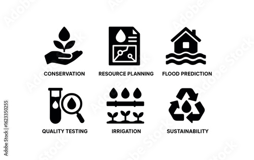 flat black solid icon items isolated on white background hydrologist (goals): conservation resource planning flood prediction quality testing irrigation sustainability