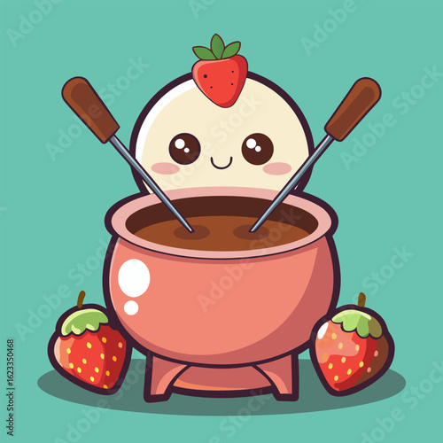 Chubby chick inside a chocolate fondue pot with a fruit skewer, dipping strawberries, cute cooking vector concept.